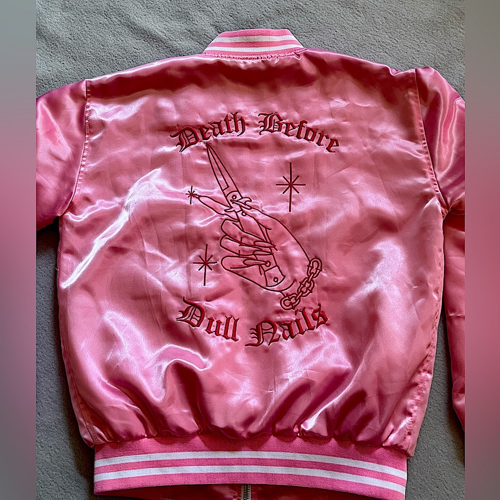 Love LaRouge Official Pink Satin “Death Before Dull Nails” Bomber Jacket Sz M - Picture 1 of 9